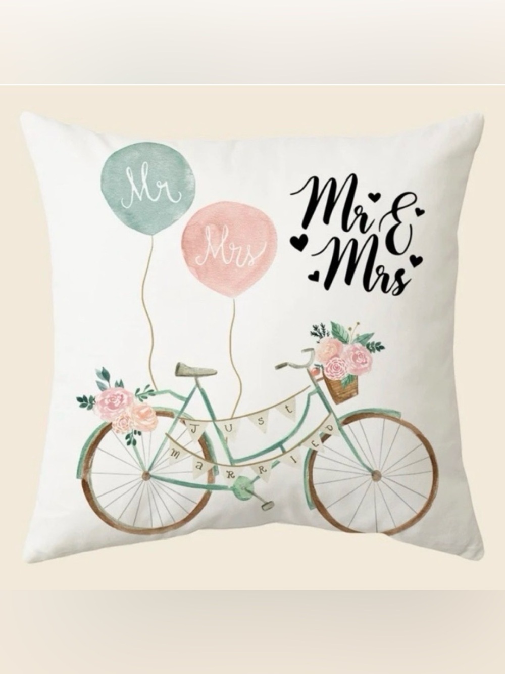 Just Married Throw Pillow Cover Boho Country Flower Bicycle Wedding Gift NWT